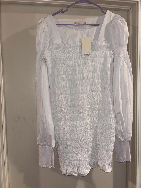 choosy Other - NWT Choosy White Smocked Mini Dress Large Cottagecore Puff Sleeve | Stretch Fit